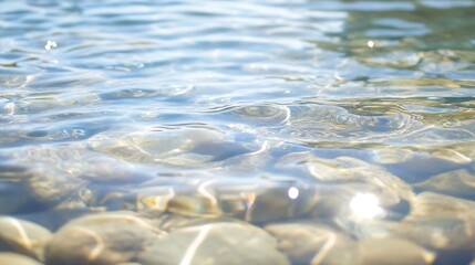 Fototapete - Crystal clear water gently flowing over smooth pebbles in a sunlight filled natural setting : Generative AI