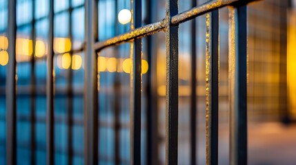 Fototapete - Artistic CloseUp of Metal Bars with Bokeh Effect in the Background Capturing Urban Life : Generative AI