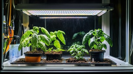Poster - A scientific experiment on plant growth under controlled conditions, where researchers explore the effects of light, temperature, and soil on plant development.