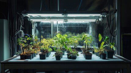 Poster - A scientific experiment on plant growth under controlled conditions, where researchers explore the effects of light, temperature, and soil on plant development.