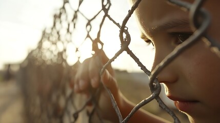 Aufkleber - Young boy looking pensively through a chain link fence capturing a moment of childhood reflection : Generative AI