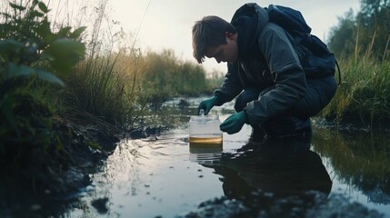 Poster - a scientist conducting an environmental study, collecting samples of air and water to assess polluti
