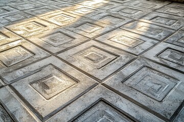 Poster - A close-up of patterned concrete paving stones under the sunlight, showcasing square and diamond shapes with a textured surface and weathered appearance.