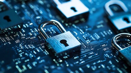 Fototapete - Digital security concept depicted by multiple metal locks on an intricate circuit board background : Generative AI