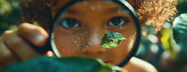 Child exploring nature, magnifying leaf, outdoor background.  Educational stock photo