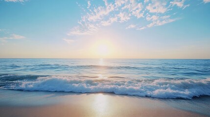 Poster - Calm serene ocean view at sunset with gentle waves and a shimmering horizon creating a peaceful atmosphere : Generative AI