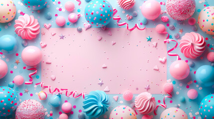 Wall Mural - Meringues and balls festive frame on pink backdrop image copy space. Holiday party invitation banner background blurred. Sweets and decoration concept photography copyspace