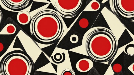 Poster - a seamless geometric pattern featuring bold triangles and circles in contrasting colors, creating a 