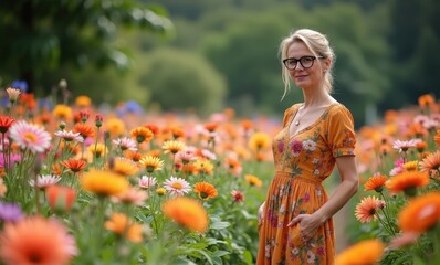 woman in floral dress surrounded by vibrant flowers in a sunny field
