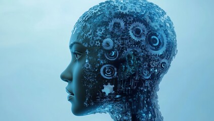 Poster - A profile view of the human head with gears and cogs, representing brain activity in AI learning