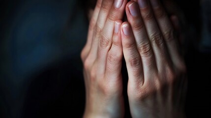 Poster - Close up of hands covering face conveying feelings of sadness and vulnerability : Generative AI