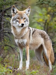 Coyote standing alert in forest wildlife photography nature close-up natural habitat