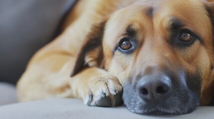 Poster - Closeup of a gentle dog resting on a couch with expressive eyes showing calmness and warmth : Generative AI