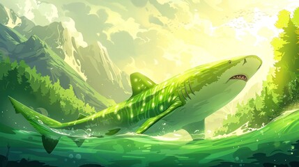 Aufkleber - A vibrant, stylized shark swims in a lush, sunlit environment, blending nature and fantasy.