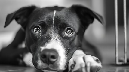 Aufkleber - Close up portrait of a sad dog with big expressive eyes lying down on a floor in black and white : Generative AI