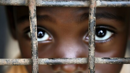 Aufkleber - Intense close up of a child's eyes looking through a metal grid symbolizing hope and struggle : Generative AI