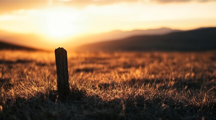 Poster - Lonely wooden post standing in a vast field during sunset casting beautiful golden light : Generative AI