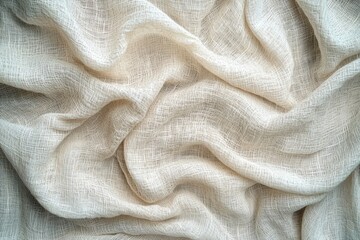 Poster - A softly draped beige linen fabric creates a luxurious, textured background, emphasizing its delicate weave and flowing folds, perfect for textile design.