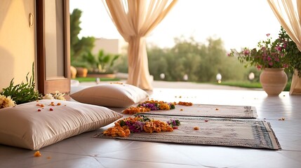 Aufkleber - Elegant indoor setting with cushions and flower petals showcasing serene ambience and natural light : Generative AI