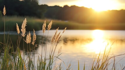 Aufkleber - Golden hour view of reeds by the water reflecting the warmth of sunset : Generative AI