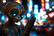 © c80 - Unusual extraterrestrial figure poses thoughtfully in a vibrant city setting during nighttime