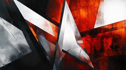 Poster - bold, angular shapes in sharp contrasts of light and dark, creating a striking visual with a high-en