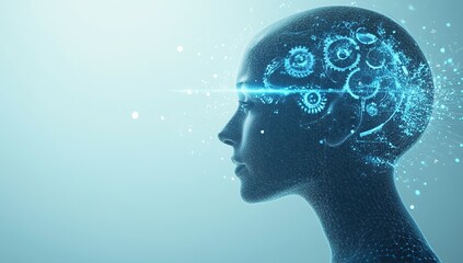 Poster - A profile view of the human head with gears and cogs, representing brain activity in AI learning