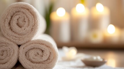 Poster - Neatly rolled white towels stacked with glowing candles evoking a spalike relaxation atmosphere : Generative AI