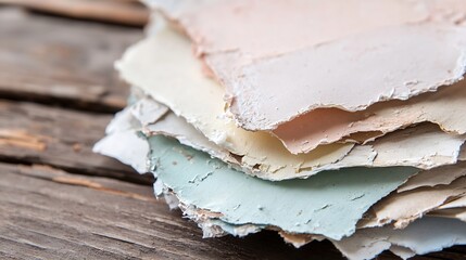 Poster - Stack of textured colored papers on wooden surface showcasing art and design inspiration : Generative AI