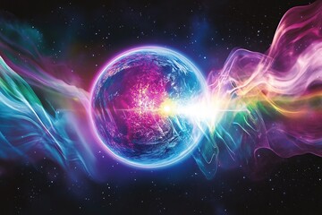 Poster - A purple and blue planet in space, surrounded by colorful energy waves, with stars shining brightly