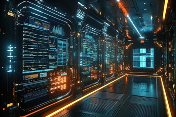 Poster - A futuristic server room corridor with glowing data screens and neon lighting, reflecting on the metallic floor, showcasing advanced technology and digital infrastructure.