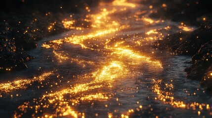 Poster - particles forming a flowing river of light, moving gracefully across the scene in a way that mimics 