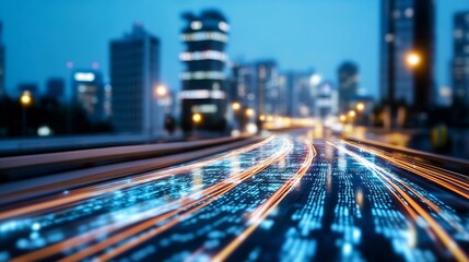Poster - Futuristic cityscape featuring glowing data trails representing fast technology and urban connectivity : Generative AI