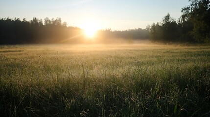 Aufkleber - Golden Sunrise Over a Misty Field with Lush Green Grasses : Generative AI