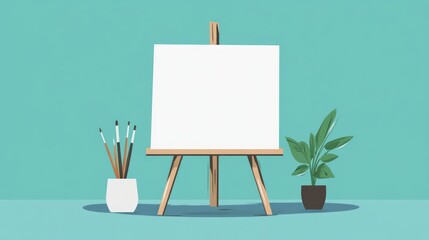 Poster - Blank canvas on easel, plant, brushes; art studio, design mockup
