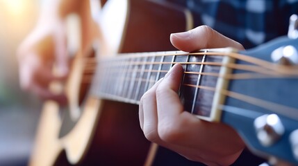 Aufkleber - Skilled musician strumming guitar strings in natural light creating a moment of musical delight : Generative AI