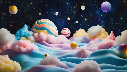 Poster - A psychedelic dreamscape of planets and stars floating in the cosmos, with fluffy clouds