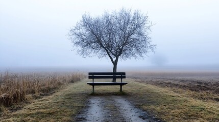 Aufkleber - Serene foggy landscape with a solitary bench and bare tree on a misty morning : Generative AI