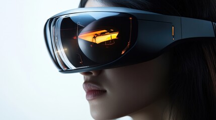 Poster - A sleek wearable VR headset on a person immersed in a virtual gaming world, with vivid graphics reflecting on their face