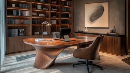 Poster - A sleek wooden desk table in a home office, surrounded by a comfortable ergonomic chair and shelves filled with books.