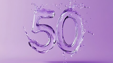 Wall Mural - Purple liquid number 50 with droplets, water effect, celebration, purple background, splash art, anniversary, bold numbers