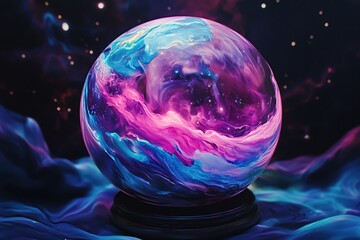 Poster - A purple and blue planet in space, surrounded by colorful energy waves, with stars shining brightly