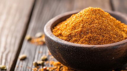 Poster - Vibrant golden spice powder in rustic wooden bowl resting on a textured wooden surface : Generative AI