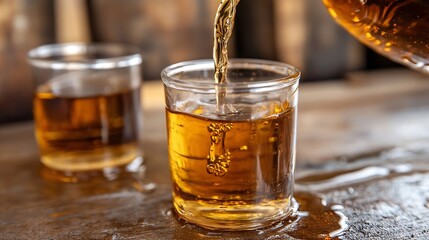 Aufkleber - Refreshing amber whiskey being poured into a glass enjoying a rich golden color and smooth texture : Generative AI