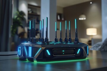 Poster - A futuristic Wi-Fi router with multiple antennas, showcasing modern design with vibrant neon accents on a table in a contemporary home setting.