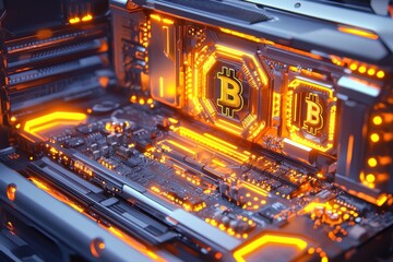 Poster - detailed view of a high-tech motherboard with illuminated bitcoin symbols, intricate circuit design 
