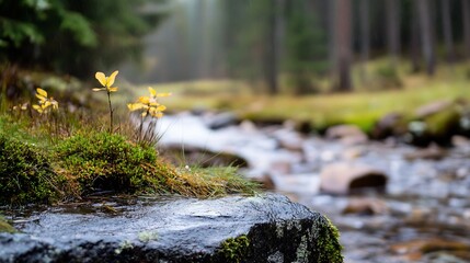 Poster - Serene natural landscape featuring stream and delicate flowers blooming : Generative AI