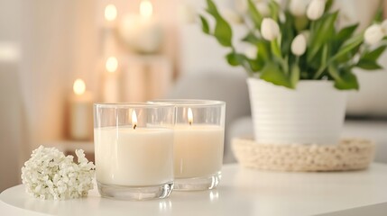 Aufkleber - Elegant Decor Featuring Two Burning Candles with Fresh Flowers in Cozy Room : Generative AI