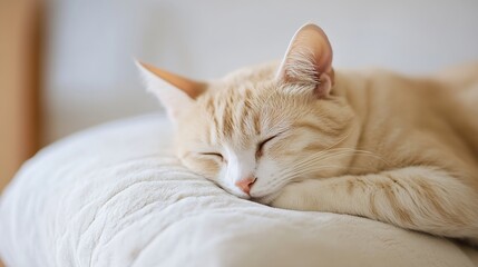 Poster - Cozy sleeping orange cat resting peacefully on a soft couch in a bright indoor setting : Generative AI