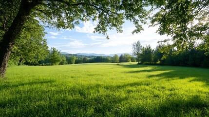 Poster - Expansive green meadow surrounded by trees and hills with a tranquil blue sky creating a peaceful retreat : Generative AI